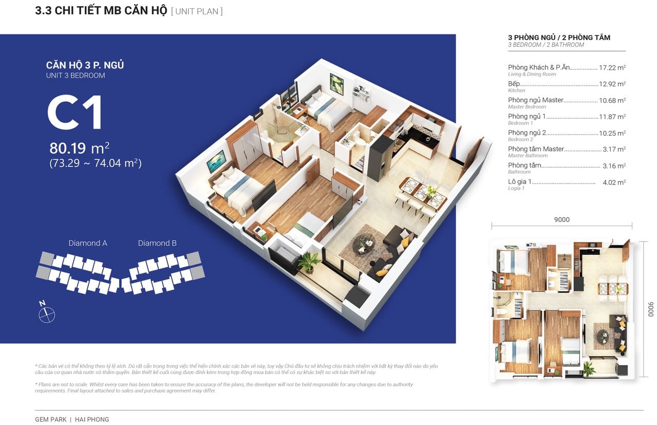 Layout mặt bằng căn hộ 3 phòng ngủ tòa Diamond A Gem Park Hải Phòng